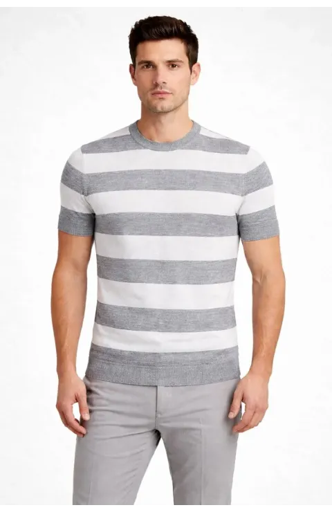 Erkek T-shirt Çizgili Triko Dokuma Bisiklet Yaka Tişört - Gri