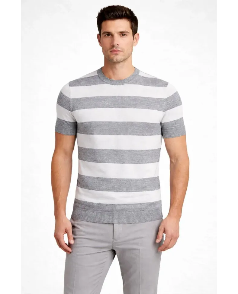 Erkek T-shirt Çizgili Triko Dokuma Bisiklet Yaka Tişört - Gri