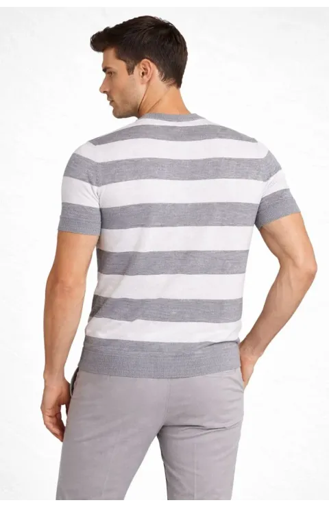 Erkek T-shirt Çizgili Triko Dokuma Bisiklet Yaka Tişört - Gri