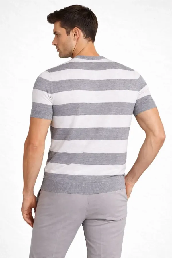 Erkek T-shirt Çizgili Triko Dokuma Bisiklet Yaka Tişört - Gri