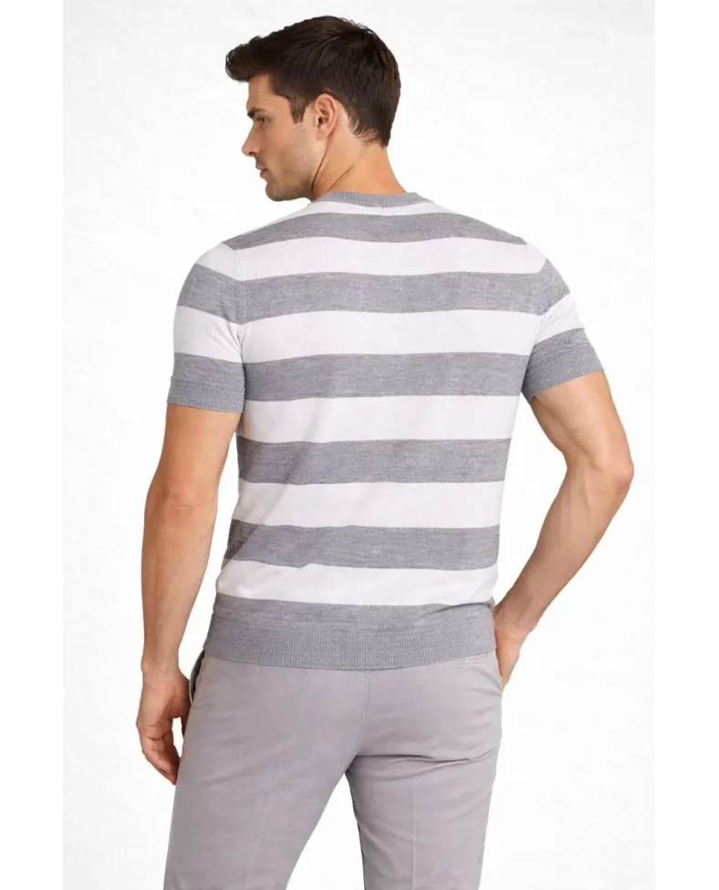 Erkek T-shirt Çizgili Triko Dokuma Bisiklet Yaka Tişört - Gri