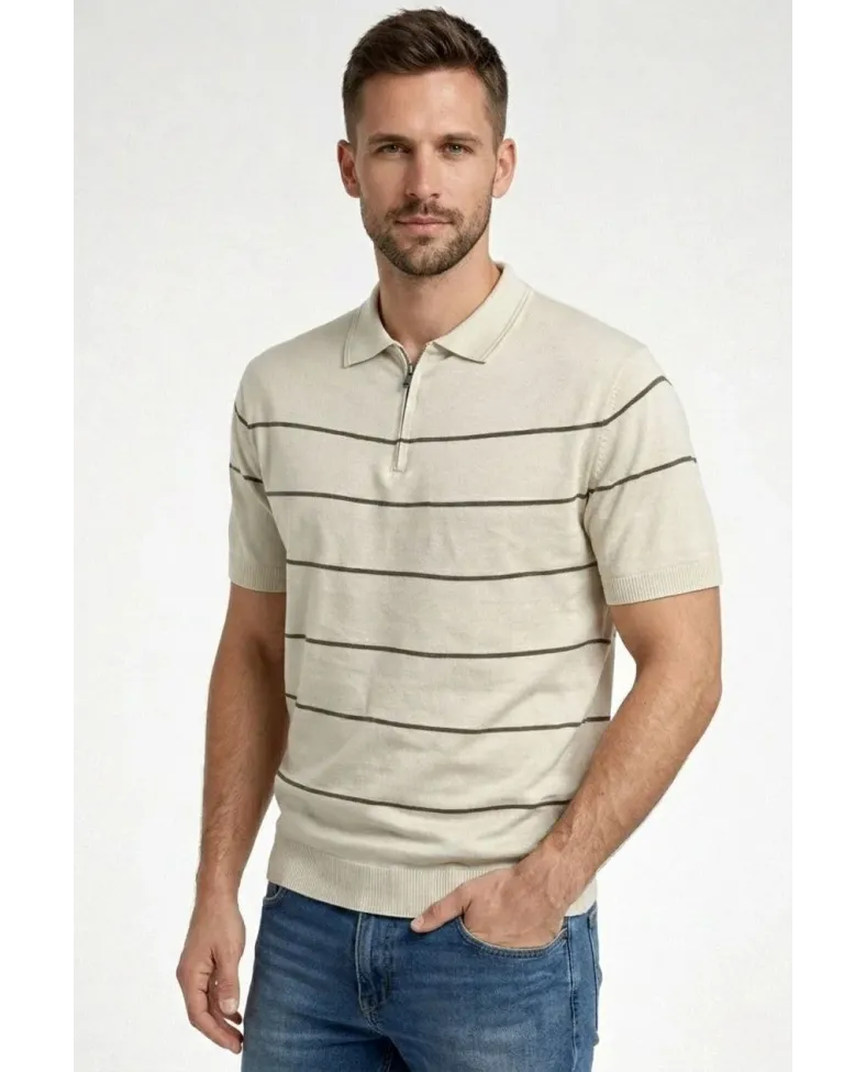 Erkek T-shirt Çizgili Triko Dokuma Kumaş Polo Yaka Yarım Fermuarlı Regular Kalıp Tişört - Bej