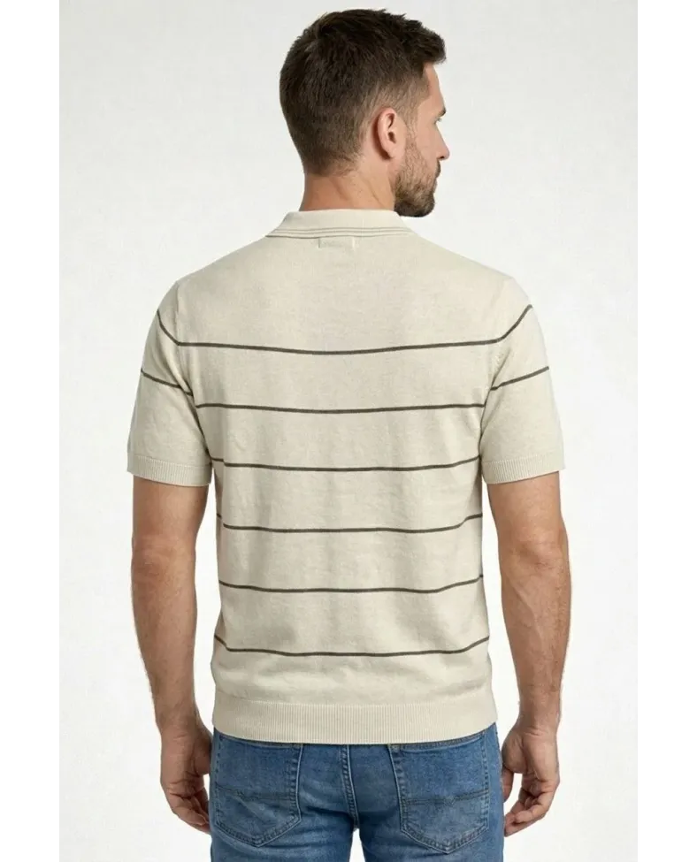 Erkek T-shirt Çizgili Triko Dokuma Kumaş Polo Yaka Yarım Fermuarlı Regular Kalıp Tişört - Bej