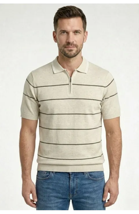 Erkek T-shirt Çizgili Triko Dokuma Kumaş Polo Yaka Yarım Fermuarlı Regular Kalıp Tişört - Bej