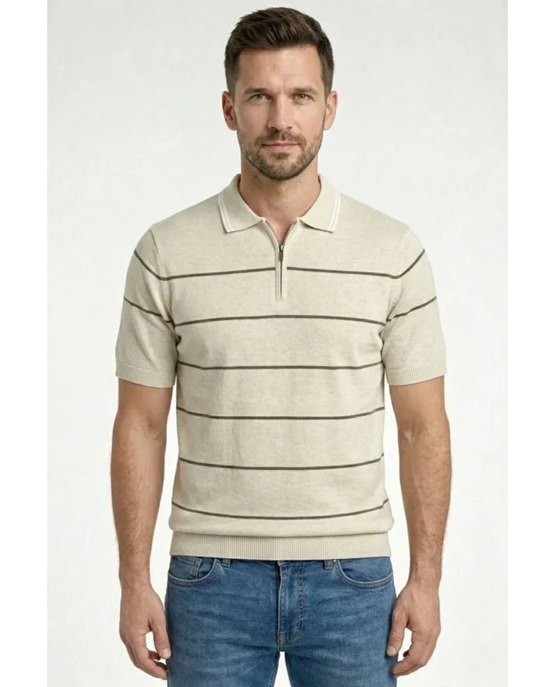 Erkek T-shirt Çizgili Triko Dokuma Kumaş Polo Yaka Yarım Fermuarlı Regular Kalıp Tişört - Bej