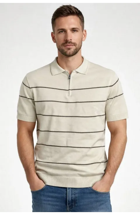Erkek T-shirt Çizgili Triko Dokuma Kumaş Polo Yaka Yarım Fermuarlı Regular Kalıp Tişört - Bej