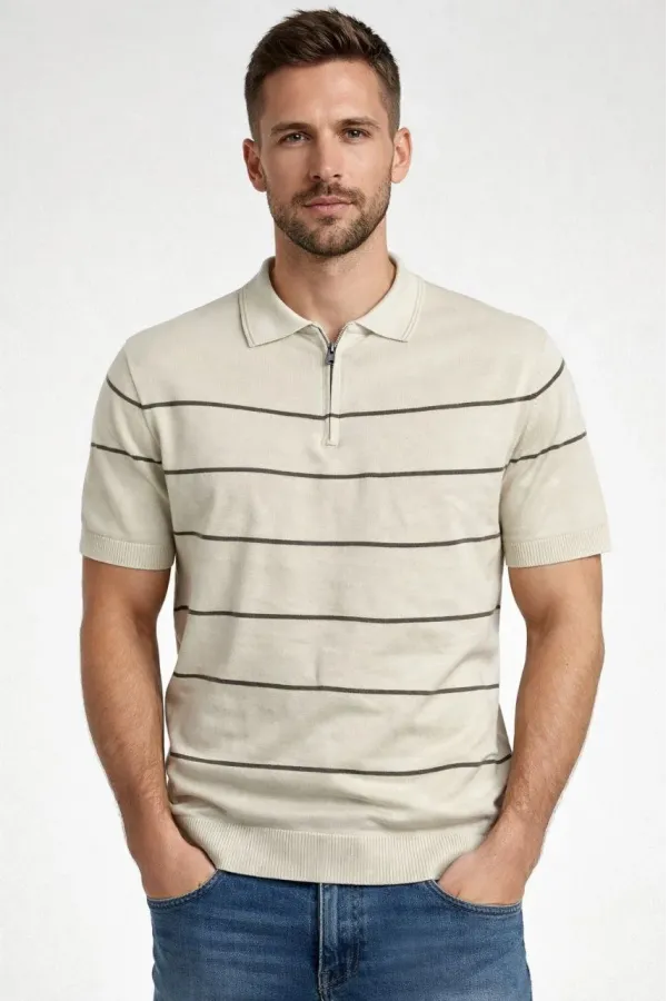 Erkek T-shirt Çizgili Triko Dokuma Kumaş Polo Yaka Yarım Fermuarlı Regular Kalıp Tişört - Bej