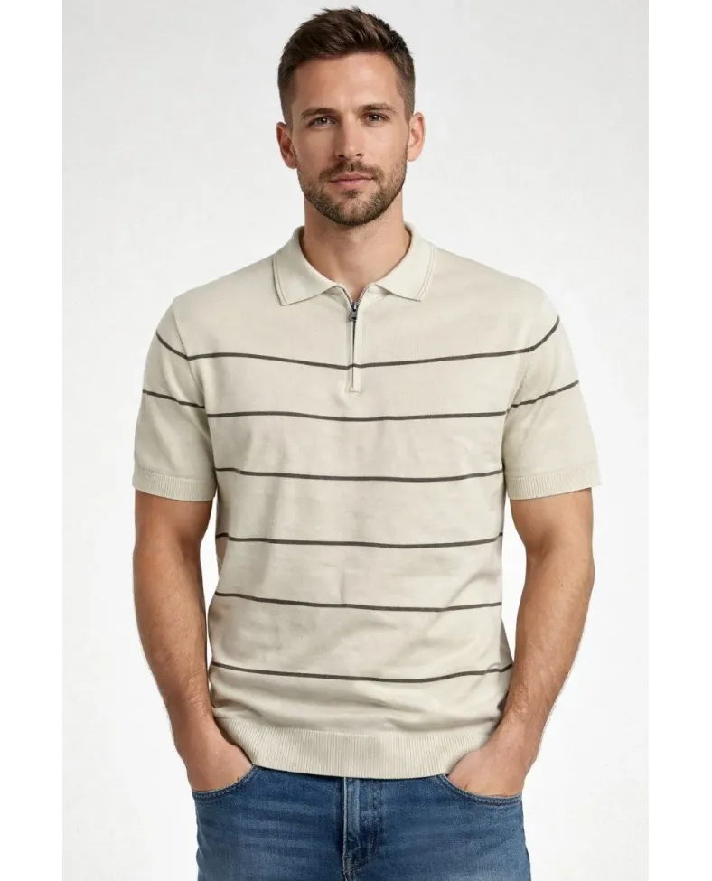 Erkek T-shirt Çizgili Triko Dokuma Kumaş Polo Yaka Yarım Fermuarlı Regular Kalıp Tişört - Bej