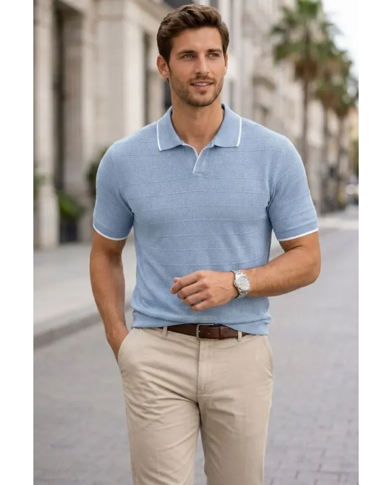 Erkek Triko Kumaş Yakalı Düğmesiz Açık Yaka Fitilli Kısa Kollu Regular Fit Tişört T-shirt - Bebek Mavisi