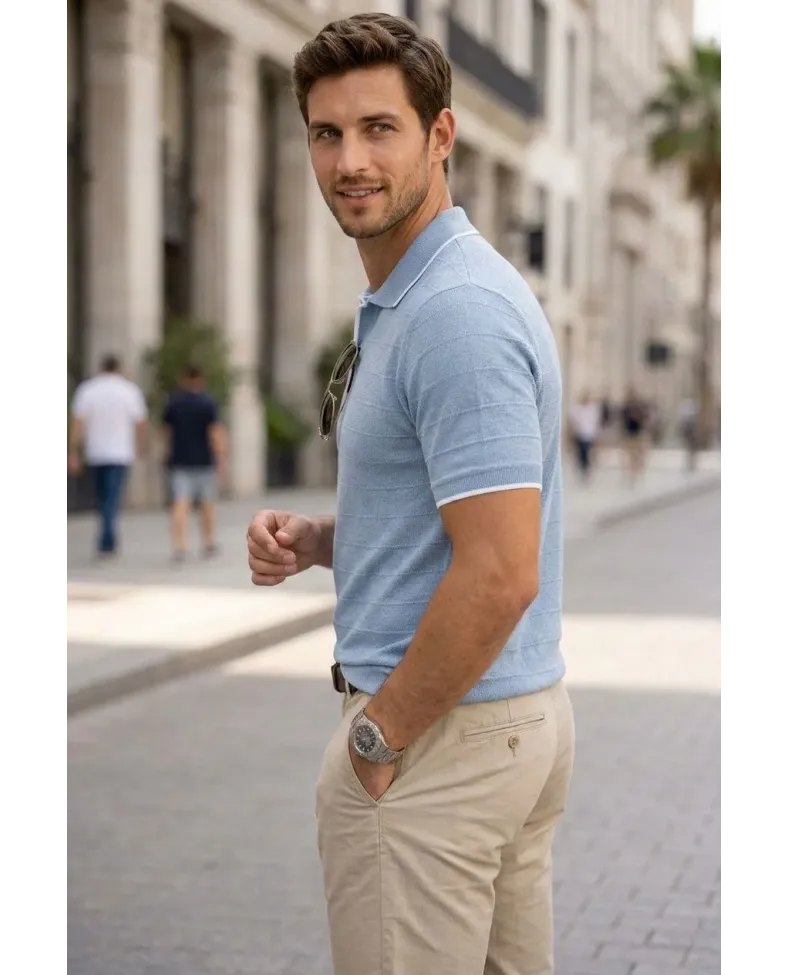 Erkek Triko Kumaş Yakalı Düğmesiz Açık Yaka Fitilli Kısa Kollu Regular Fit Tişört T-shirt - Bebek Mavisi