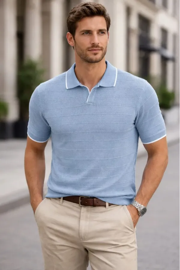 Erkek Triko Kumaş Yakalı Düğmesiz Açık Yaka Fitilli Kısa Kollu Regular Fit Tişört T-shirt - Bebek Mavisi