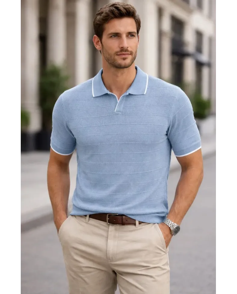 Erkek Triko Kumaş Yakalı Düğmesiz Açık Yaka Fitilli Kısa Kollu Regular Fit Tişört T-shirt - Bebek Mavisi