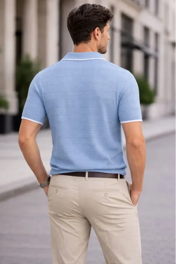 Erkek Triko Kumaş Yakalı Düğmesiz Açık Yaka Fitilli Kısa Kollu Regular Fit Tişört T-shirt - Bebek Mavisi