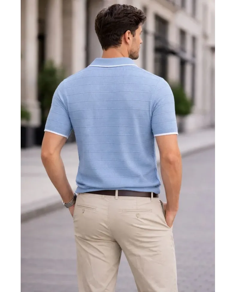 Erkek Triko Kumaş Yakalı Düğmesiz Açık Yaka Fitilli Kısa Kollu Regular Fit Tişört T-shirt - Bebek Mavisi