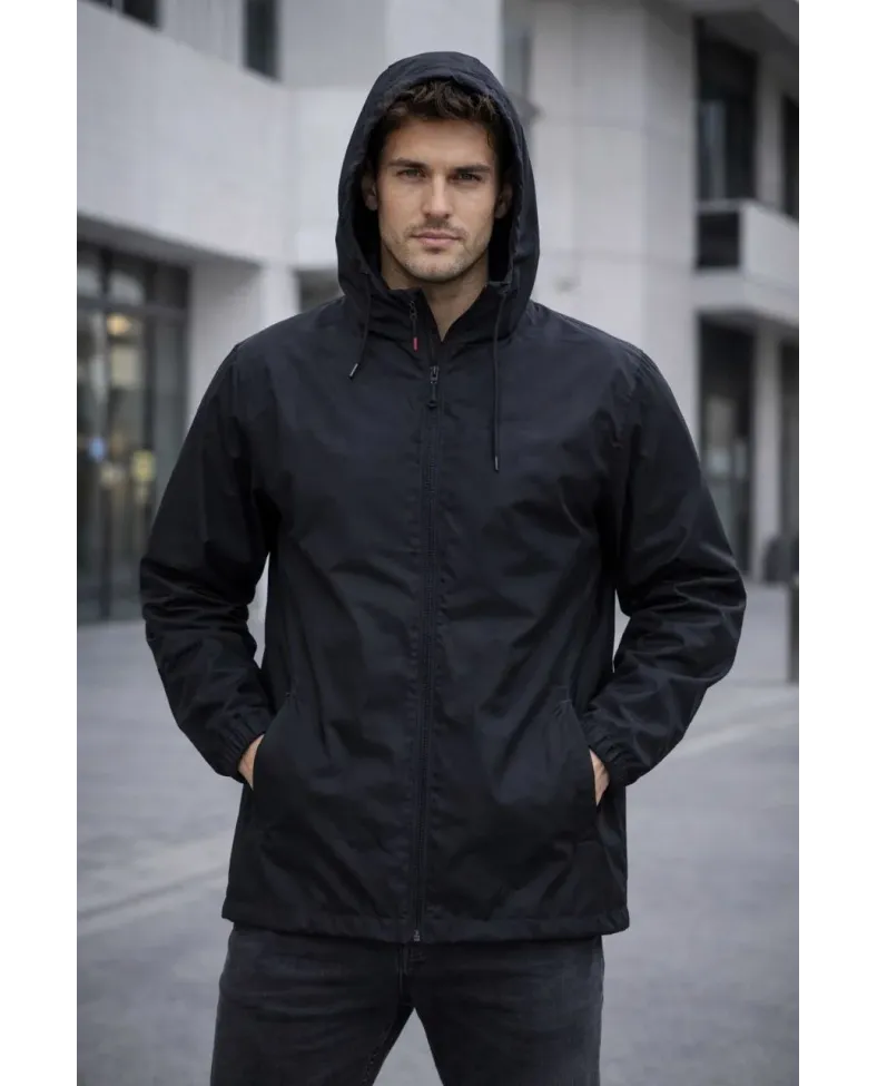 Erkek Kapüşonlu Su İtici Rüzgarlık Ceket Mevsimlik Hafif Mont - Siyah