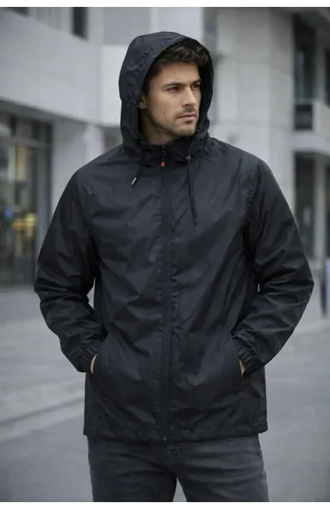 Erkek Kapüşonlu Su İtici Rüzgarlık Ceket Mevsimlik Hafif Mont - Siyah