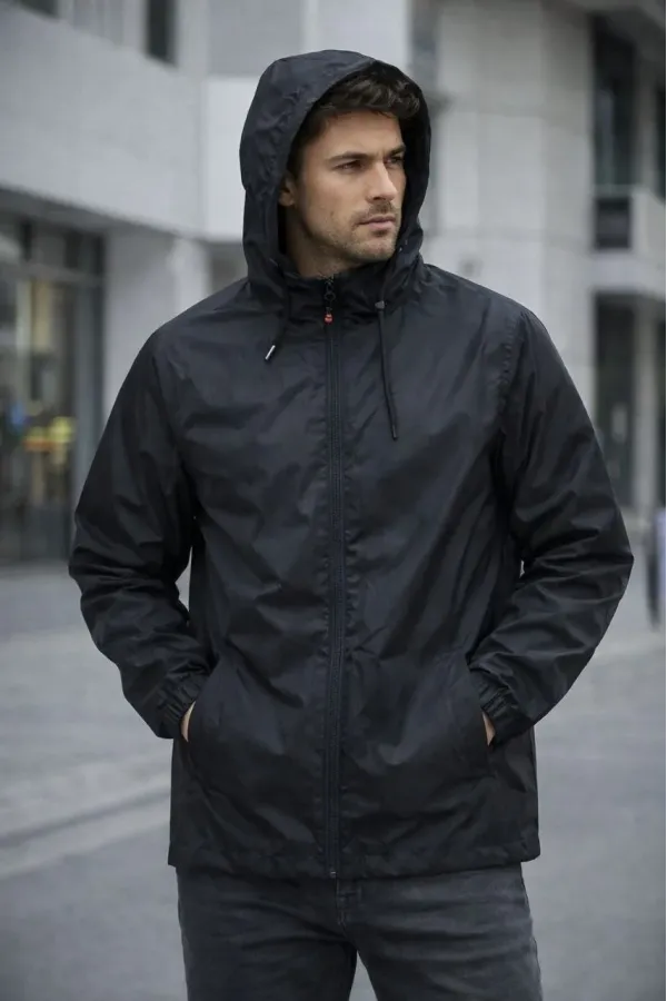Erkek Kapüşonlu Su İtici Rüzgarlık Ceket Mevsimlik Hafif Mont - Siyah