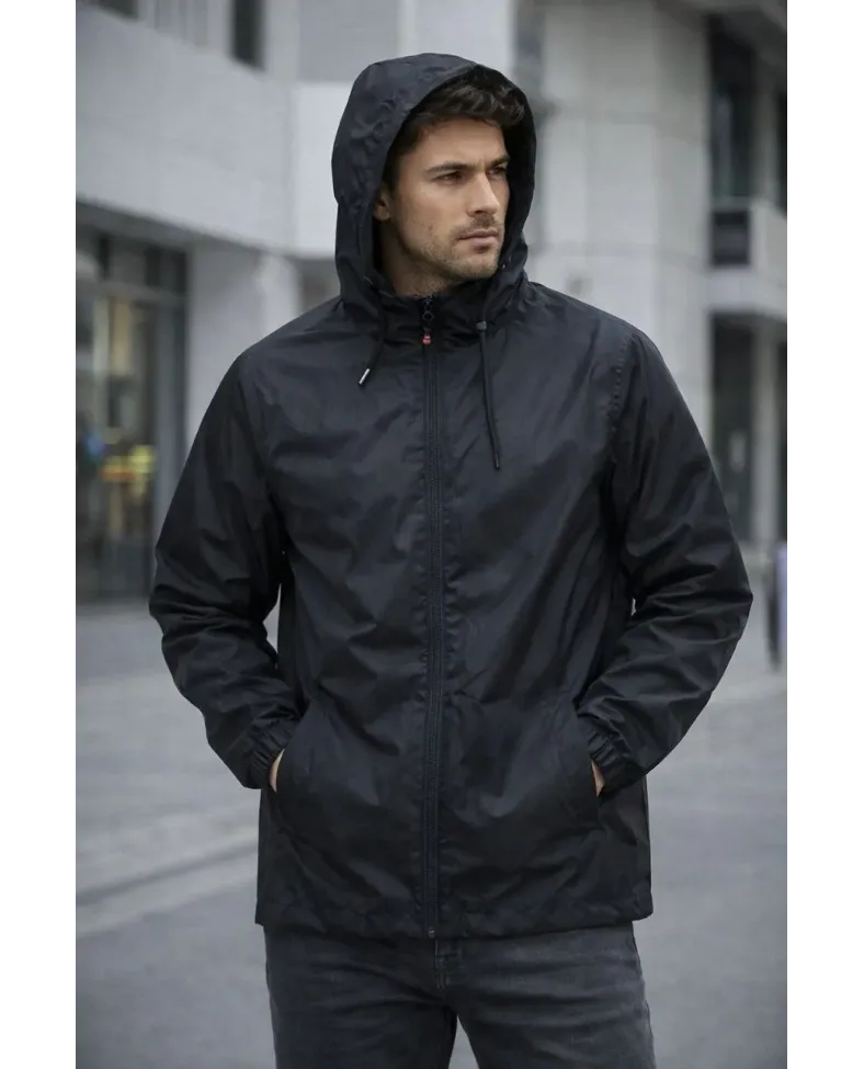 Erkek Kapüşonlu Su İtici Rüzgarlık Ceket Mevsimlik Hafif Mont - Siyah