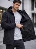 Erkek Kapüşonlu Su İtici Rüzgarlık Ceket Mevsimlik Hafif Mont - Siyah