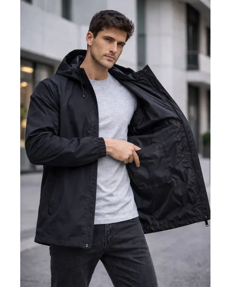 Erkek Kapüşonlu Su İtici Rüzgarlık Ceket Mevsimlik Hafif Mont - Siyah