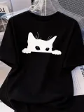 Kadınlar için Siyah Kedi Grafik Tişört - Oversize Kısa Kollu Üst Nefes Alabilir - Siyah