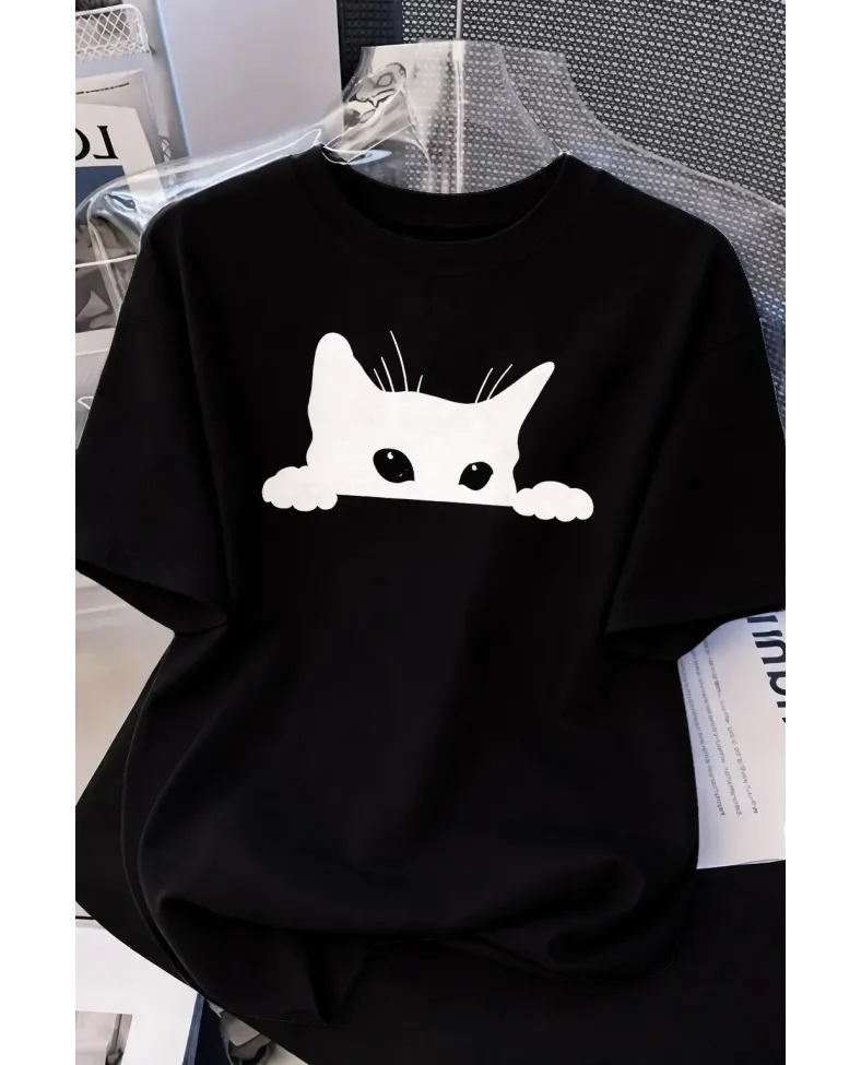Kadınlar için Siyah Kedi Grafik Tişört - Oversize Kısa Kollu Üst Nefes Alabilir - Siyah