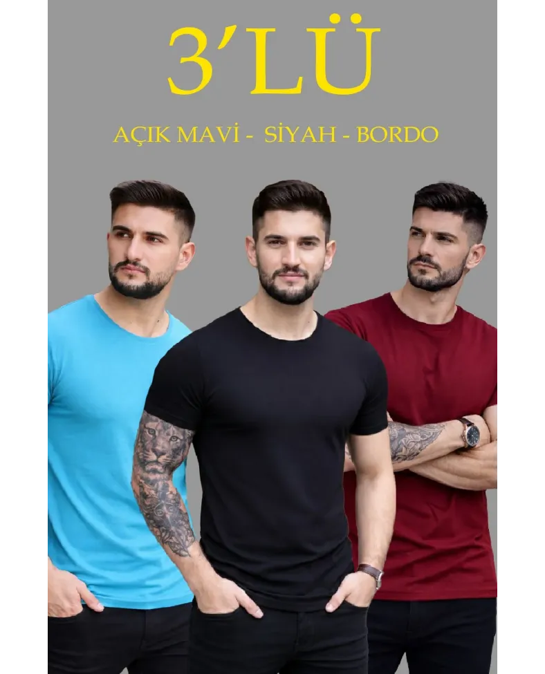 Erkek Bisiklet Yaka Tişört Kısa Kol Slim Fit Body 3lü Set Siyah-Açık Mavi-Bordo Somersan Giyim | Kadın, Erkek ve Çocuk Moda