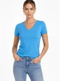 Kadın V Yaka Tişört Kısa Kol Slim Fit T-shirt 3'lü Set Pembe-Açık Mavi-Ekru