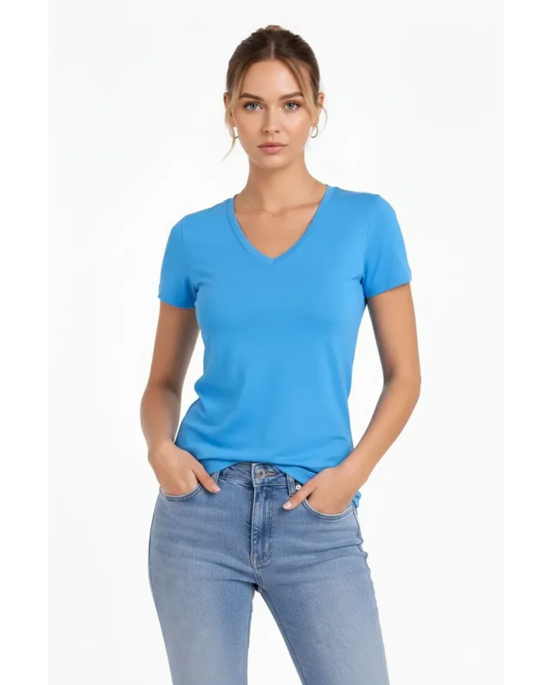 Kadın V Yaka Tişört Kısa Kol Slim Fit T-shirt 3'lü Set Pembe-Açık Mavi-Ekru