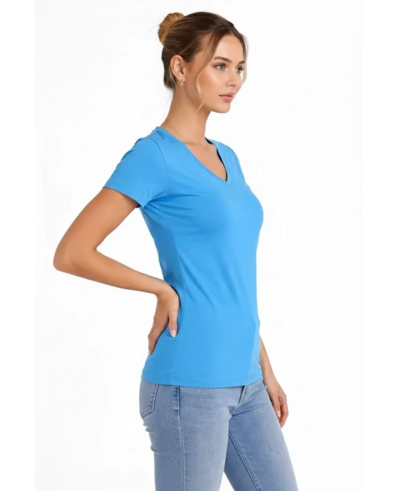 Kadın V Yaka Tişört Kısa Kol Slim Fit T-shirt 3'lü Set Pembe-Açık Mavi-Ekru