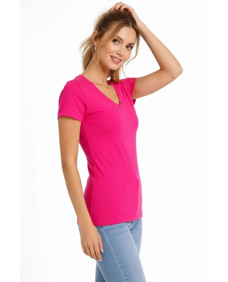 Kadın V Yaka Tişört Kısa Kol Slim Fit T-shirt 3'lü Set Pembe-Açık Mavi-Ekru
