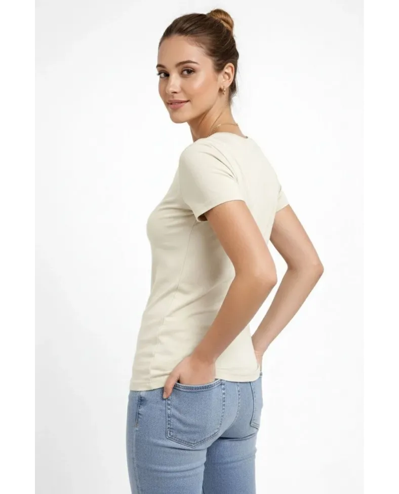 Kadın V Yaka Tişört Kısa Kol Slim Fit T-shirt 3'lü Set Pembe-Açık Mavi-Ekru