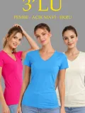 Kadın V Yaka Tişört Kısa Kol Slim Fit T-shirt 3'lü Set Pembe-Açık Mavi-Ekru