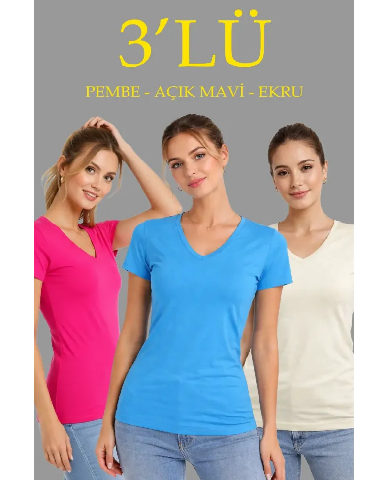 Kadın V Yaka Tişört Kısa Kol Slim Fit T-shirt 3'lü Set Pembe-Açık Mavi-Ekru
