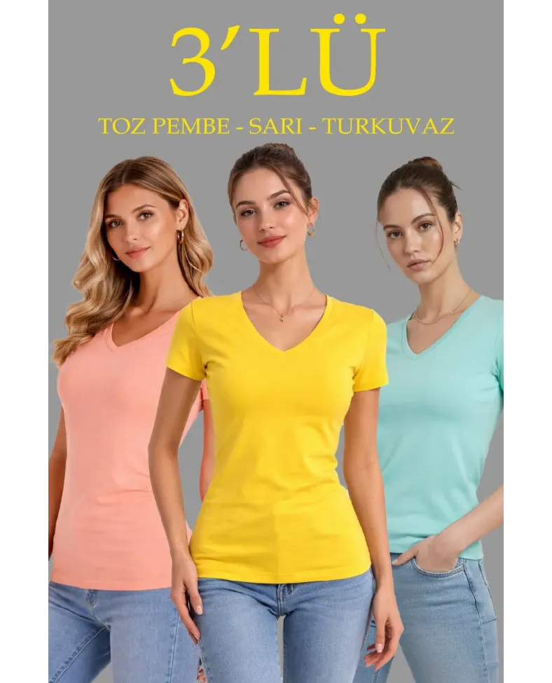 Kadın V Yaka Tişört Kısa Kol Slim Fit T-shirt 3lü Set Toz Pembe-Sarı-Turkuvaz Somersan Giyim | Kadın, Erkek ve Çocuk Moda