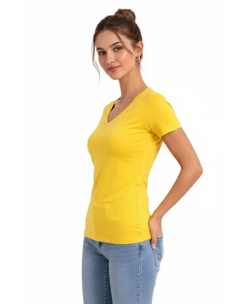 Kadın V Yaka Tişört Kısa Kol Slim Fit T-shirt 3lü Set Toz Pembe-Sarı-Turkuvaz Somersan Giyim | Kadın, Erkek ve Çocuk Moda