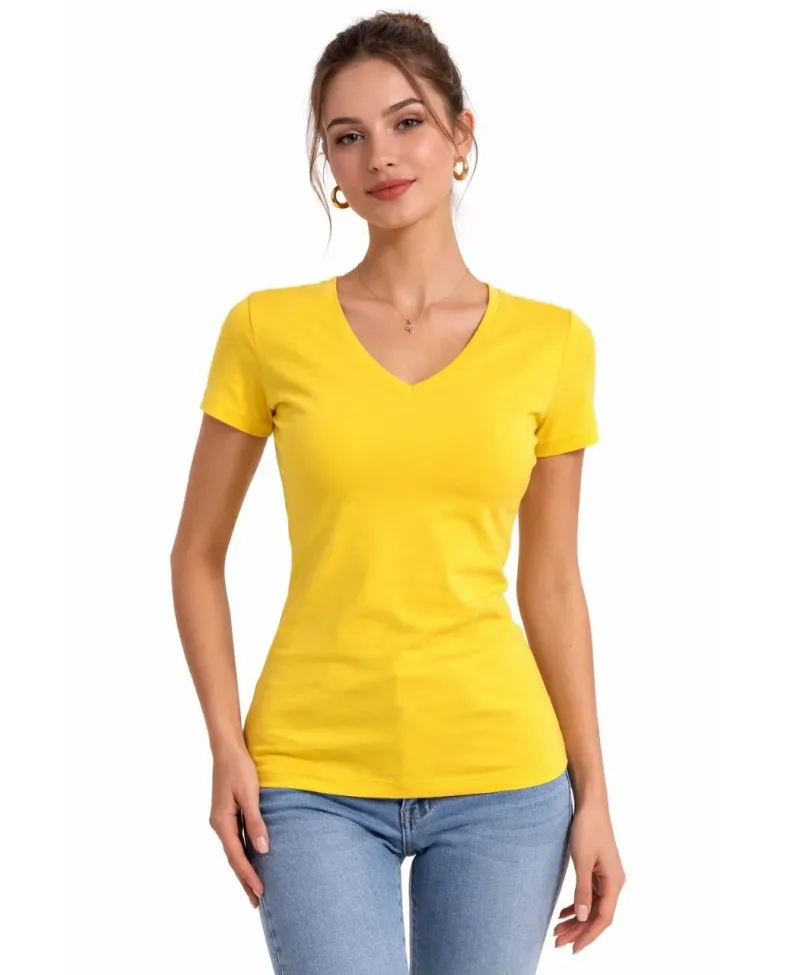 Kadın V Yaka Tişört Kısa Kol Slim Fit T-shirt 3lü Set Toz Pembe-Sarı-Turkuvaz Somersan Giyim | Kadın, Erkek ve Çocuk Moda