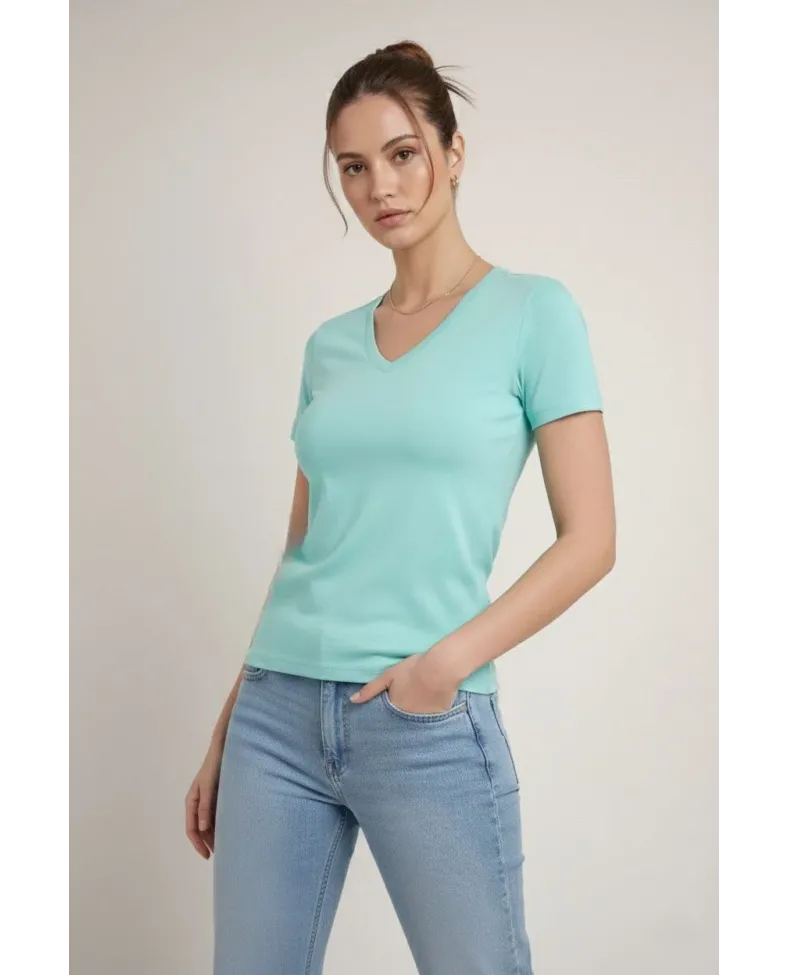 Kadın V Yaka Tişört Kısa Kol Slim Fit T-shirt 3lü Set Toz Pembe-Sarı-Turkuvaz Somersan Giyim | Kadın, Erkek ve Çocuk Moda