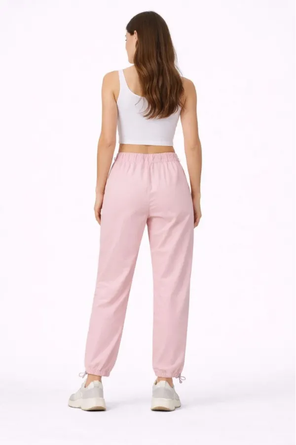 Kadın Paraşüt Kumaş Bel ve Paça Ayarlanabilir Lastikli Spor Pantolon - Toz Pembe