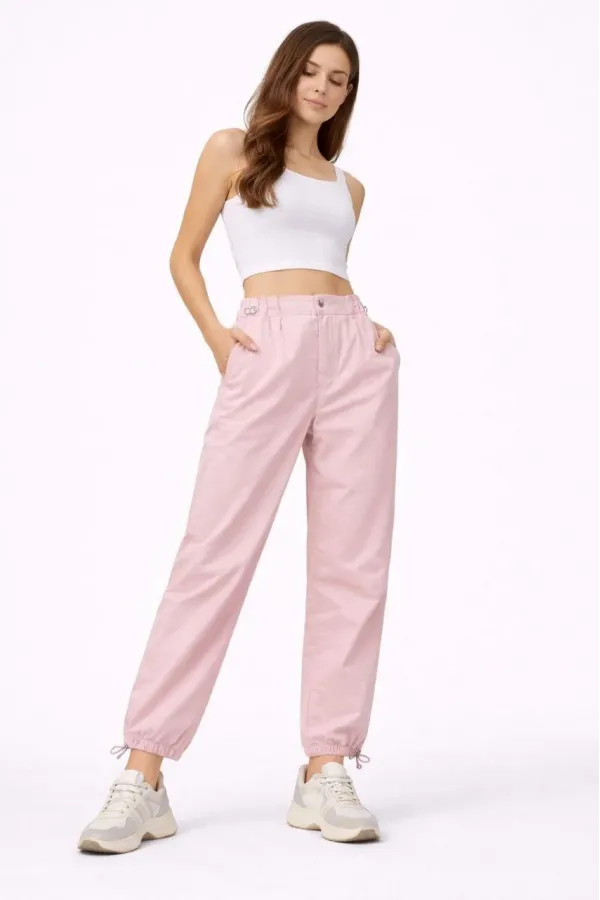 Kadın Paraşüt Kumaş Bel ve Paça Ayarlanabilir Lastikli Spor Pantolon - Toz Pembe