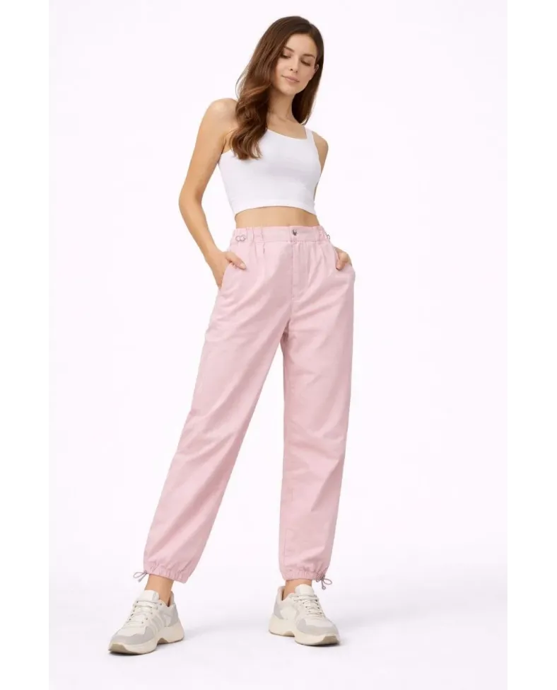Kadın Paraşüt Kumaş Bel ve Paça Ayarlanabilir Lastikli Spor Pantolon - Toz Pembe