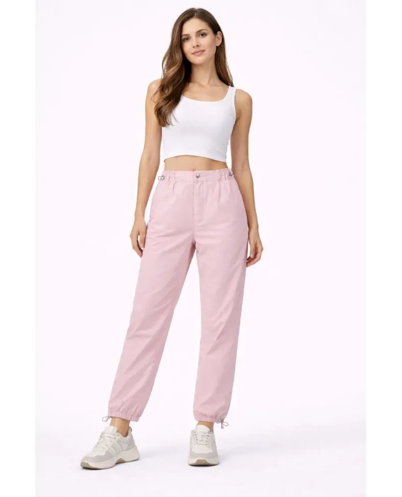 Kadın Paraşüt Kumaş Bel ve Paça Ayarlanabilir Lastikli Spor Pantolon - Toz Pembe