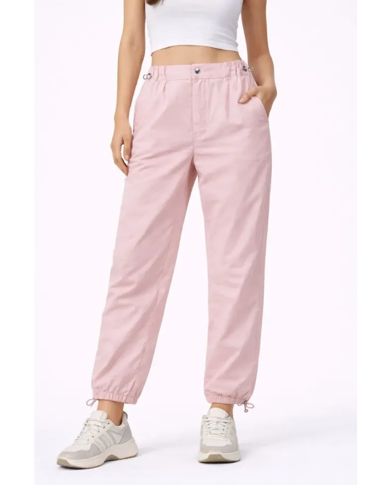 Kadın Paraşüt Kumaş Bel ve Paça Ayarlanabilir Lastikli Spor Pantolon - Toz Pembe