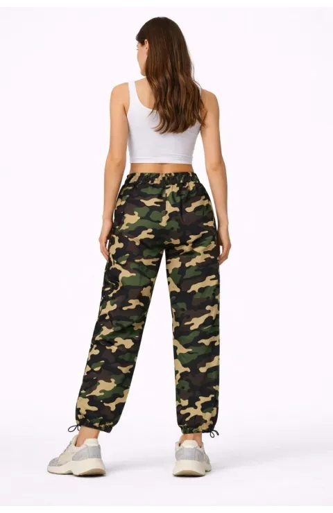 Kadın Paraşüt Kumaş Pantolon Bel ve Paça Ayarlanabilir Lastikli Spor Pantolon - Kamuflaj