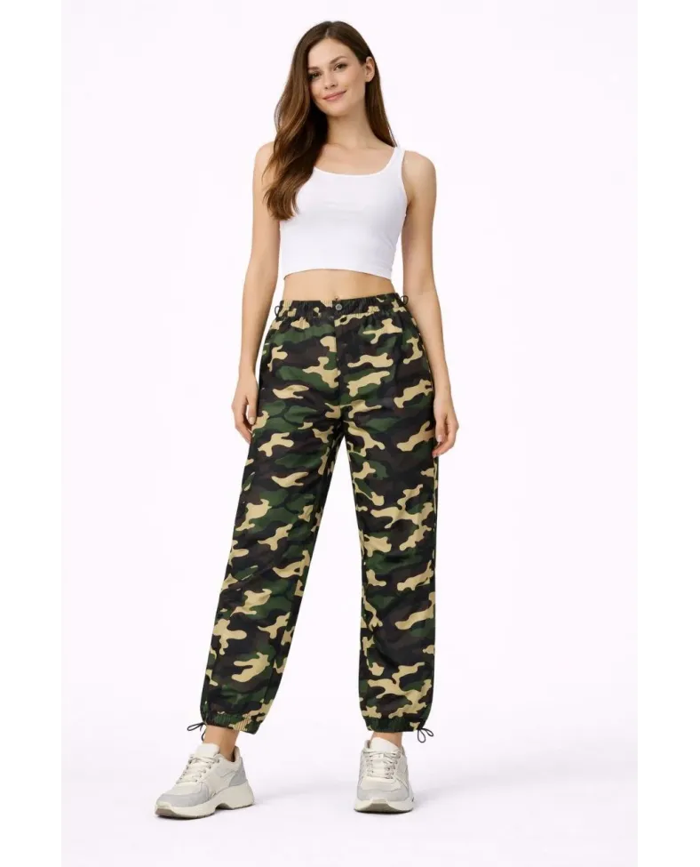 Kadın Paraşüt Kumaş Pantolon Bel ve Paça Ayarlanabilir Lastikli Spor Pantolon - Kamuflaj