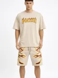 Erkek Bej Oversize Baskılı Tişört Şort Takım Cepli Şort Yazlık Rahat Günlük Kombin - Bej