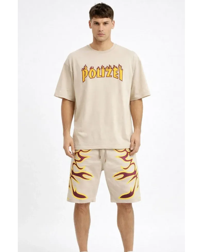 Erkek Bej Oversize Baskılı Tişört Şort Takım Cepli Şort Yazlık Rahat Günlük Kombin - Bej