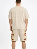 Erkek Bej Oversize Baskılı Tişört Şort Takım Cepli Şort Yazlık Rahat Günlük Kombin - Bej
