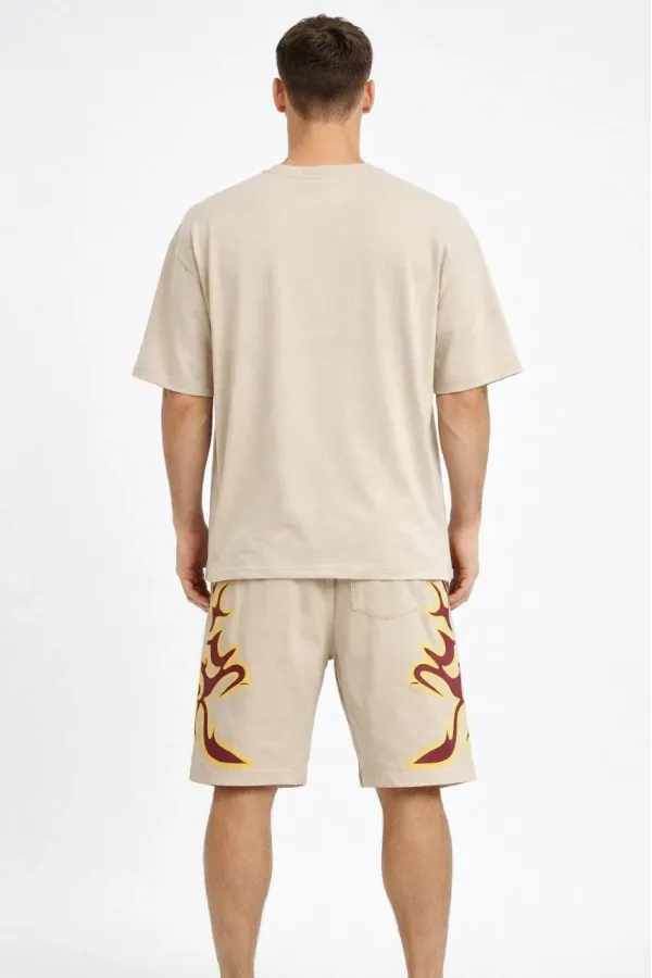 Erkek Bej Oversize Baskılı Tişört Şort Takım Cepli Şort Yazlık Rahat Günlük Kombin - Bej