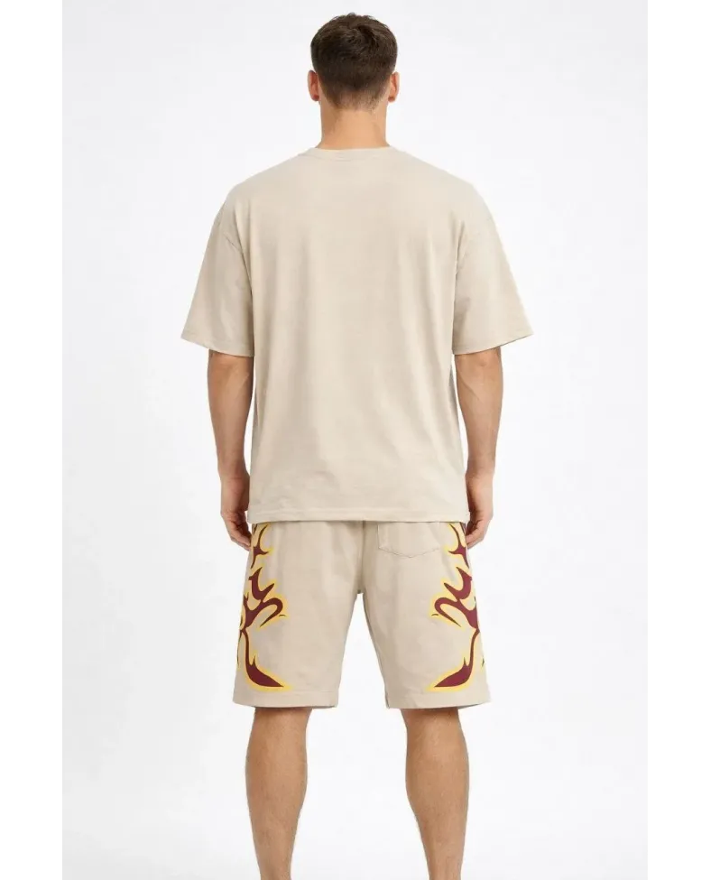 Erkek Bej Oversize Baskılı Tişört Şort Takım Cepli Şort Yazlık Rahat Günlük Kombin - Bej